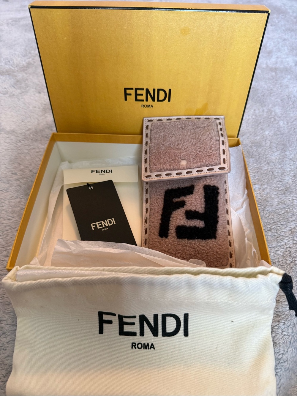 Authentic FENDI Shearling FF Logo Smartphone Pouch Bag Charm FULL SET w/tags